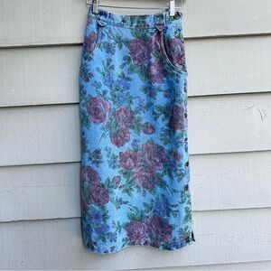 Vintage Floral Denim Skirt Side Buttons Midi Maxi 80s 90s Y2K Grunge Size XXS